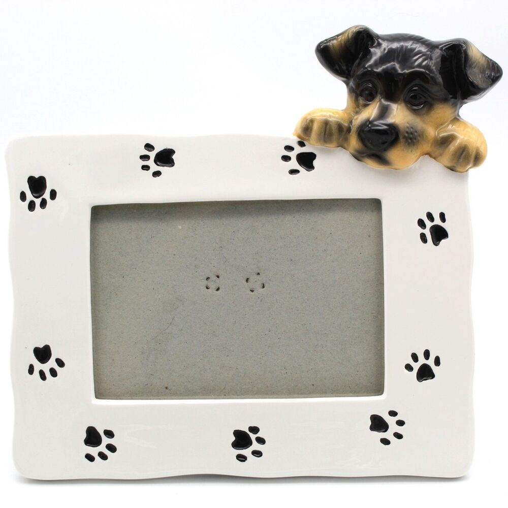 Dog Frame Ceramic Paw Prints Black Tan Puppy Head photo size 4.75 x 3.25 inch